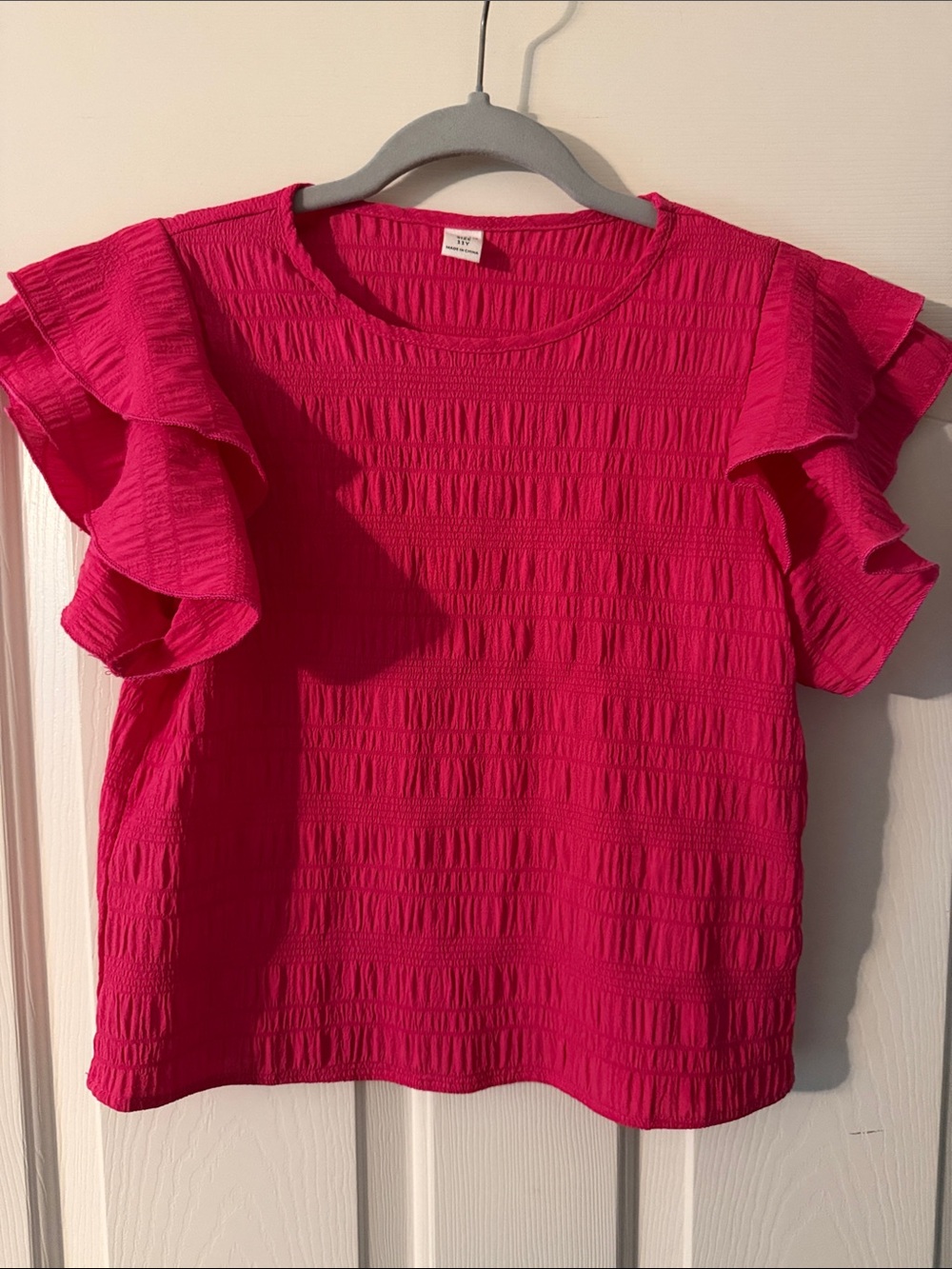 SHEIN Hot Pink Ruffle Sleeve Textured Top - Kids